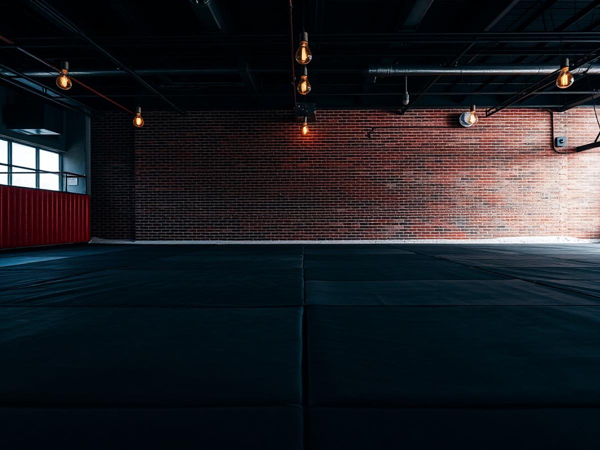 Empty grappling mat under warm hanging lightbulbs with a brick wall
