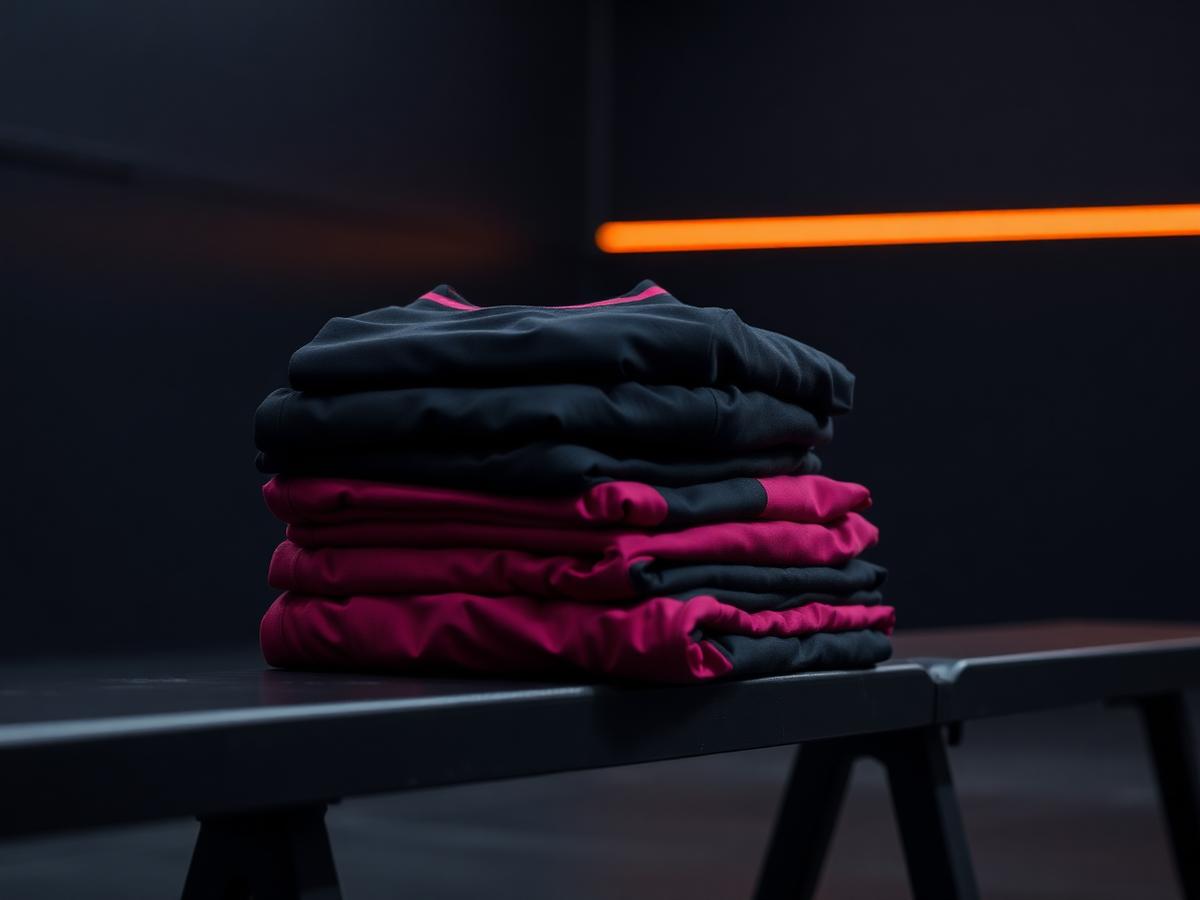 Folded no-gi rashguards and grappling shorts on a dark bench under magenta and orange lighting